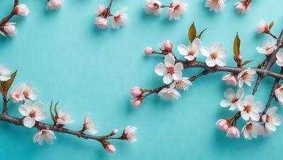 The primary subject of the image is a branch with white flowers, which is the main focus of the scene. The setting is a blue background, which adds a vibrant and calming atmosphere to the image. The visual style is a close-up of the branch with flowers, showcasing the details of the blossoms. The colors and mood of the image are predominantly white and blue, creating a serene and peaceful ambiance.