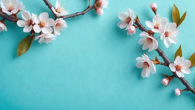 The primary subject of the image is a branch with white flowers, which is placed on a blue surface. The setting appears to be a studio or a controlled environment, as the flowers are arranged in a way that highlights their beauty. The visual style of the image is a combination of photo and digital art, creating a realistic yet artistic representation of the flowers. The colors and mood of the image are predominantly blue and white, giving it a calm and serene atmosphere.