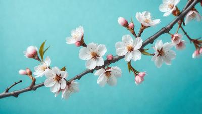 The primary subject of the image is a branch with white flowers, which are the main focus of the scene. The setting is a blue background, which adds a vibrant and calming atmosphere to the image. The visual style is a close-up of the flowers, showcasing their details and beauty. The colors and mood of the image are predominantly white and blue, creating a serene and peaceful ambiance.
