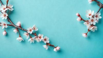 The primary subject of the image is a branch with white flowers, which is placed on a blue surface. The setting appears to be a studio or a controlled environment, as the flowers are arranged in a way that highlights their beauty. The visual style of the image is a combination of photo and digital art, creating a realistic yet artistic representation of the flowers. The colors and mood of the image are predominantly blue and white, giving it a calm and serene atmosphere.