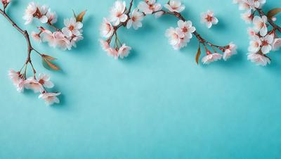 The primary subject of the image is a branch with pink flowers on it. The branch is placed on a blue surface, which could be a wall or a table. The visual style of the image is a photo, capturing the beauty of the pink flowers and the branch. The colors and mood of the image are predominantly blue and pink, creating a serene and calming atmosphere.