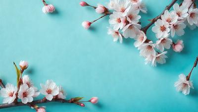 The primary subject of the image is a close-up of a branch with pink flowers on it. The setting is a blue background, which adds a vibrant and calming atmosphere to the scene. The visual style is a photo, capturing the beauty of the flowers and branch in detail. The colors and mood of the image are predominantly pink, which symbolizes love, warmth, and happiness.
