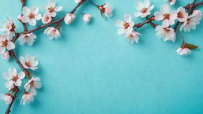 The primary subject of the image is a close-up of a branch with pink flowers on it. The setting is a blue background, which creates a contrast with the pink flowers. The visual style is a photo, capturing the beauty of the flowers in detail. The colors and mood of the image are predominantly pink, creating a warm and inviting atmosphere.