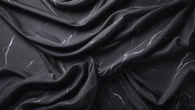 The primary subject of the image is a black fabric, possibly a curtain or a piece of clothing, with a pattern of white stripes. The setting is a black background, which contrasts with the fabric, making the pattern stand out. The visual style appears to be a close-up of the fabric, showcasing its texture and pattern. The colors and mood of the image are predominantly dark, with the white stripes adding a touch of brightness to the overall atmosphere.