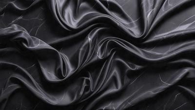 The primary subject of the image is a close-up of a black fabric, possibly a piece of silk or velvet. The setting is a dark background, which emphasizes the fabric's texture and pattern. The visual style appears to be a photo, as the fabric is captured in detail. The colors and mood of the image are predominantly dark, with the black fabric being the main focus.