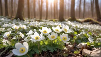 The primary subject of the image is a field of white flowers, with a variety of different types of flowers. The setting is a forest, with trees in the background. The visual style is a photo, capturing the beauty of the flowers in their natural environment. The colors and mood of the image are predominantly white and serene, creating a peaceful and calming atmosphere.