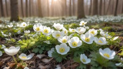 The primary subject of the image is a field of white flowers, with a variety of different types of flowers scattered throughout the scene. The setting is a grassy area with trees in the background, creating a natural and serene atmosphere. The visual style of the image is a photo, capturing the beauty of the flowers in their natural environment. The colors and mood of the image are predominantly white, with the flowers providing a sense of freshness and tranquility.