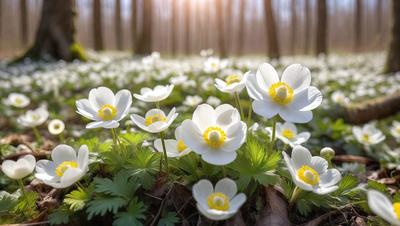 The primary subject of the image is a field of white flowers, with a variety of different types of flowers. The setting is a grassy area with trees in the background. The visual style is a photo of the flowers in their natural environment. The colors and mood of the image are predominantly white, with a sense of freshness and beauty.