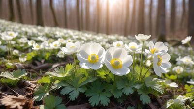 The primary subject of the image is a field of white flowers, with a total of 13 flowers visible in the scene. The setting is a forest, with trees in the background. The visual style is a photo, capturing the beauty of the flowers in their natural environment. The colors and mood of the image are predominantly white, creating a serene and peaceful atmosphere.