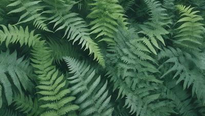 The primary subject of the image is a dense forest filled with green ferns and leaves. The setting is a lush, green environment, with the background featuring a variety of ferns and leaves. The visual style is a close-up of the ferns and leaves, showcasing their intricate details. The colors and mood of the image are predominantly green, creating a serene and natural atmosphere.