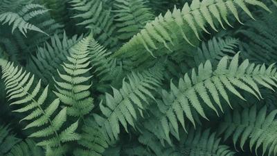 The primary subject of the image is a large group of green ferns, which are the main objects in the scene. The setting is a lush green forest, with the ferns growing on the ground and surrounding the viewer. The visual style is a close-up of the ferns, showcasing their intricate details and textures. The colors and mood of the image are predominantly green, creating a serene and natural atmosphere.