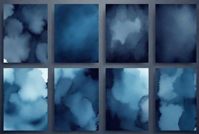 The primary subject of the image is a collection of six paintings, each featuring a different blue color and a cloudy sky. The setting is a wall where these paintings are displayed, creating an artistic and visually appealing arrangement. The visual style of the paintings is a mix of digital art and traditional painting techniques, resulting in a unique and captivating display. The dominant colors in the paintings are shades of blue, which contribute to a calming and serene atmosphere.