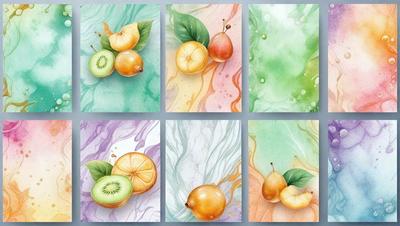 The primary subject of the image is a collection of fruits, including apples, oranges, and kiwis. These fruits are displayed in various positions and orientations, creating a visually appealing and colorful scene. The setting is a colorful background, which adds to the vibrant atmosphere of the image. The visual style is a combination of digital art and illustration, with the fruits being depicted in a realistic and detailed manner. The colors and mood of the image are predominantly warm and