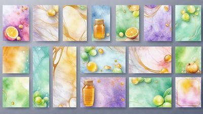 The primary subject of the image is a collection of paintings featuring various fruits and beverages. The setting is a gallery or display area, showcasing the artwork. The visual style is a mix of digital art and illustration, with a vibrant and colorful atmosphere. The dominant colors include shades of yellow, green, and purple, which create a lively and inviting ambiance.