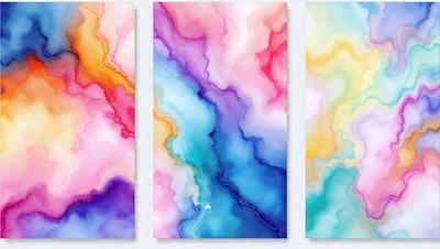 The primary subject of the image is a painting featuring three different colored stripes. The setting is a white wall, and the visual style is a painting, which gives the image a unique and artistic appearance. The dominant colors are purple, blue, and pink, creating a vibrant and lively atmosphere.