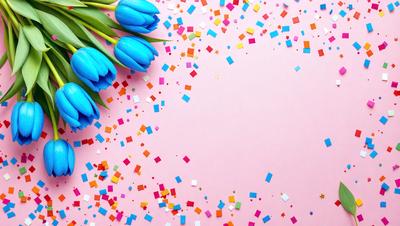 The primary subject of the image is a bouquet of blue tulips. The setting is a pink background, and the visual style is a photo. The dominant colors are blue and pink, creating a cheerful and vibrant atmosphere.