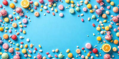 The primary subject of the image is a collection of colorful candy, including various types of candies and lollipops, arranged on a blue surface. The setting is a close-up of the candy, showcasing the vibrant colors and textures of the candies. The visual style is a combination of photo and digital art, creating a visually appealing and detailed representation of the candy. The colors and mood of the image are predominantly bright and cheerful, with the blue surface adding a