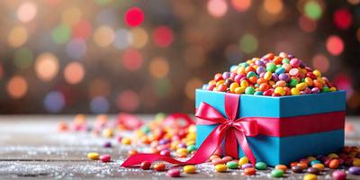 The primary subject of the image is a blue box filled with colorful candy. The box is placed on a table, and the candy inside is scattered around it. The setting is a festive and joyful environment, likely during the holiday season. The visual style is a close-up of the box and its contents, showcasing the vibrant colors and the variety of candies. The colors and mood of the image are cheerful and lively, reflecting the joyful atmosphere associated with holiday celebrations