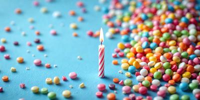 The primary subject of the image is a single candle on a birthday cake. The cake is placed on a blue surface, which serves as the setting. The visual style of the image is a close-up of the candle and cake, with a focus on the candle's flame. The colors in the image are predominantly blue and white, creating a calm and celebratory atmosphere.
