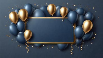 The primary subject of the image is a blue frame with a gold border, which is adorned with a variety of balloons. The balloons come in different colors and sizes, creating a lively and festive atmosphere. The setting is a wall, and the visual style is a combination of digital art and illustration. The colors and mood of the image are vibrant and cheerful, with the blue frame and gold border providing a contrasting backdrop for the colorful balloons.