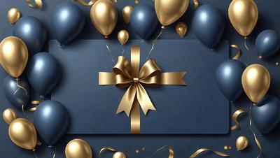 The primary subject of the image is a gold bow, which is placed on a blue background. The setting is a celebration, as evidenced by the presence of balloons and a gift box. The visual style is a combination of digital art and illustration, creating a vibrant and festive atmosphere. The dominant colors are gold and blue, with the gold bow being the focal point of the image.