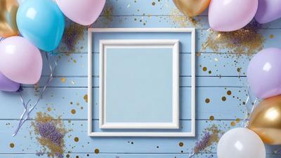 The primary subject of the image is a white frame with a blue background. The setting is a wooden wall, and the visual style is a photo. The colors and mood of the image are predominantly blue and white, creating a calm and serene atmosphere.