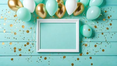 The primary subject of the image is a white frame with a blue background. The setting is a celebration, as evidenced by the gold and blue balloons surrounding the frame. The visual style is a combination of photo and digital art, creating a unique and festive atmosphere. The colors and mood are predominantly gold and blue, with a touch of green, which adds a sense of warmth and joy to the scene.