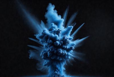 The primary subject of the image is a blue explosion, which appears to be a digital art or illustration. The setting is a dark background, and the visual style is a combination of digital art and illustration. The dominant colors in the image are blue and white, creating a dramatic and intense atmosphere.