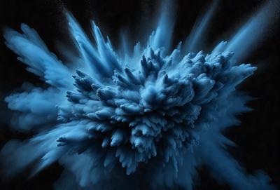 The primary subject of the image is a blue, swirling, and cloudy mass that appears to be a water spout or a blue waterfall. The setting is a dark background, which contrasts with the blue swirl. The visual style is a combination of a photo and digital art, creating a unique and captivating scene. The dominant colors are blue and black, giving the image a moody and dramatic atmosphere.