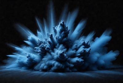 The primary subject of the image is a blue, smoke-like object that appears to be a cloud or a water splash. The setting is a dark background, which contrasts with the blue object. The visual style is a combination of photo and digital art, creating a unique and artistic representation of the scene. The dominant colors are blue and black, giving the image a moody and dramatic atmosphere.