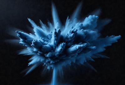The primary subject of the image is a blue explosion, which appears to be a painting or digital art. The setting is a dark background, and the visual style is artistic. The dominant colors are blue and white, creating a dramatic and intense atmosphere.