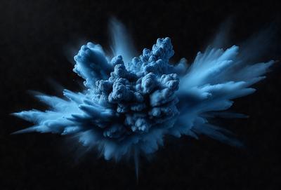 The primary subject of the image is a blue cloud, which appears to be a digital art or illustration. The cloud is surrounded by a dark background, giving it a dramatic and moody atmosphere. The visual style of the image suggests that it is a creative and artistic representation of a cloud, rather than a photograph or a real-life scene.