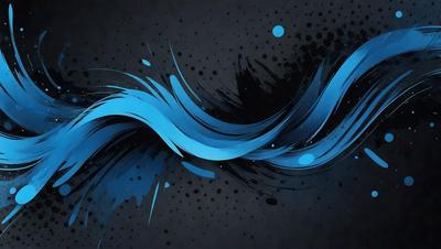 The primary subject of the image is a blue and black painting of a wave. The setting is a black background, and the visual style is a digital art or illustration. The dominant colors are blue and black, creating a calm and serene atmosphere.