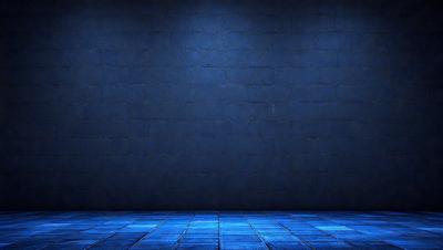The primary subject of the image is a large, empty room with a blue brick wall. The setting is a dark room with a blue brick wall, and the visual style is a photo. The dominant colors in the image are blue and gray, creating a moody atmosphere.