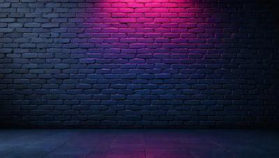 The primary subject of the image is a brick wall with a purple glow. The setting is a dark room, and the visual style appears to be a digital art or illustration. The dominant colors are purple and black, creating a moody atmosphere.
