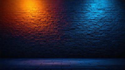 The primary subject of the image is a brick wall with a blue light shining on it. The setting is a brick wall with a blue light shining on it. The visual style is digital art. The dominant colors are blue and orange, creating a moody atmosphere.