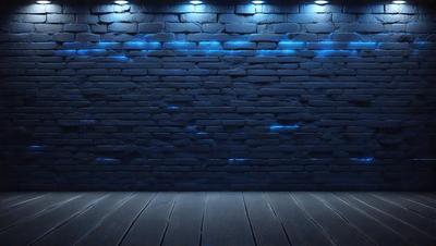 The primary subject of the image is a brick wall with blue lights shining on it. The setting is a dark room, and the visual style appears to be a digital art or illustration. The dominant colors are blue and black, creating a moody atmosphere.