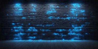 The primary subject of the image is a brick wall with a blue glow. The setting is a dark room, and the visual style appears to be a digital art or illustration. The dominant colors are blue and black, creating a moody atmosphere.