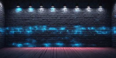 The primary subject of the image is a brick wall with blue lights shining on it. The setting is a dark room, and the visual style is a digital art or illustration. The dominant colors are blue and black, creating a moody atmosphere.