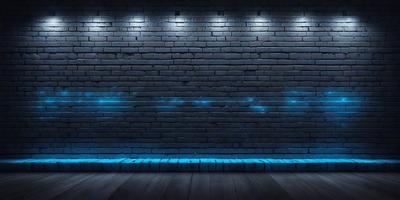 The primary subject of the image is a brick wall with a blue light illuminating it. The setting is a dark room, and the visual style appears to be a digital art or illustration. The dominant colors are blue and black, creating a moody atmosphere.