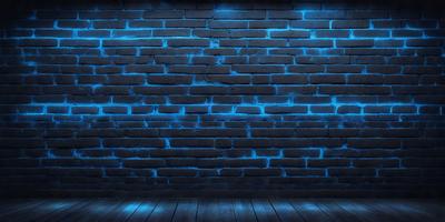 The primary subject of the image is a brick wall with a blue glow. The setting is a dark room, and the visual style appears to be a digital art or illustration. The dominant colors are blue and black, creating a moody atmosphere.