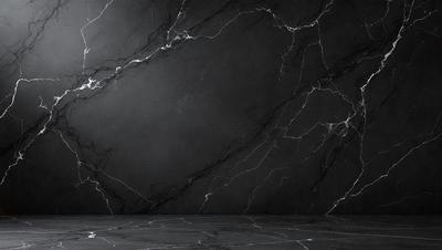 The primary subject of the image is a black and white marble wall. The setting is a dark room, and the visual style is a photo. The colors and mood of the image are predominantly dark and moody, with the marble wall serving as the focal point.