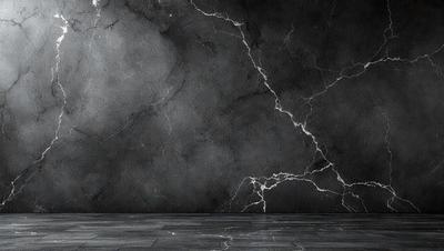 The primary subject of the image is a marble wall with a cracked texture. The setting is a room with a black and white color scheme. The visual style is a black and white photo. The dominant colors are black and white, creating a moody atmosphere.