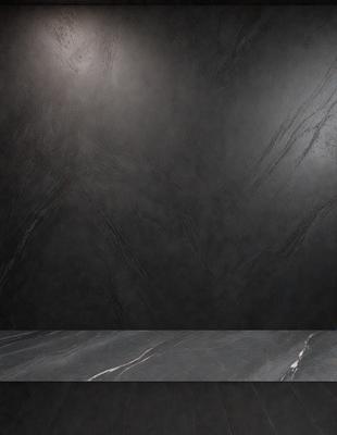 The primary subject of the image is a black marble countertop. The setting is a black wall, which serves as the background. The visual style is a photo, capturing the marble countertop and the black wall. The colors and mood of the image are predominantly dark, with the black marble and black wall creating a moody atmosphere.