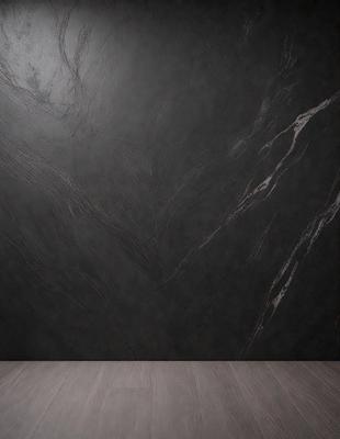 The primary subject of the image is a black marble wall. The setting is a room with a black marble wall as the main focus. The visual style is a close-up of the marble wall, showcasing its texture and pattern. The colors and mood of the image are dark and moody, with the black marble wall being the dominant feature.