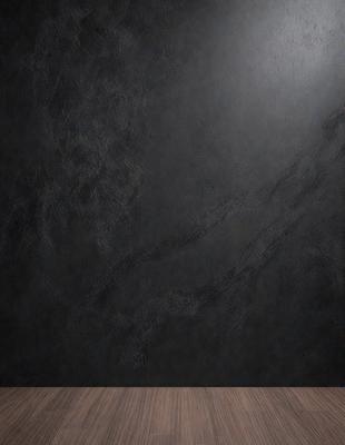 The primary subject of the image is a black wall with a pattern of white streaks. The setting is a room with a wooden floor. The visual style is a black and white photo. The dominant colors are black and white, creating a moody atmosphere.