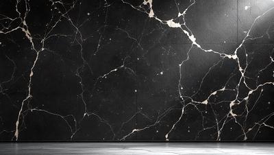 The primary subject of the image is a black and white marble wall with a pattern of holes. The setting is a room with a black wall, and the visual style is a photo. The dominant colors are black and white, creating a classic and elegant atmosphere.