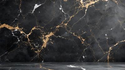 The primary subject of the image is a black and gold marble wall. The setting is a room with a black and gold marble wall as the main focus. The visual style is a close-up of the marble wall, showcasing its intricate patterns and textures. The colors and mood of the image are predominantly black and gold, giving it a luxurious and elegant appearance.