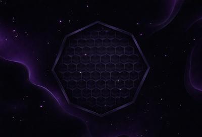 The primary subject of the image is a hexagonal pattern, which is a part of a larger design. The setting is a dark, purple background, which contrasts with the hexagonal pattern. The visual style of the image is digital art, as it appears to be a computer-generated design. The colors and mood of the image are predominantly dark and moody, with the purple background adding to the overall atmosphere.