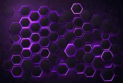 The primary subject of the image is a purple hexagonal pattern. The setting is a dark background, which contrasts with the purple hexagons. The visual style is a digital art or illustration, as the hexagons are arranged in a visually appealing manner. The colors and mood of the image are predominantly purple, creating a calm and soothing atmosphere.